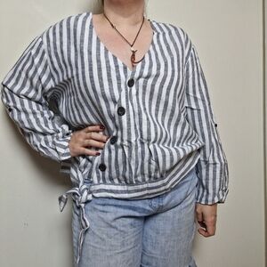ANA Striped Blue and White faux Wrap Linen Blend Top Size XXL